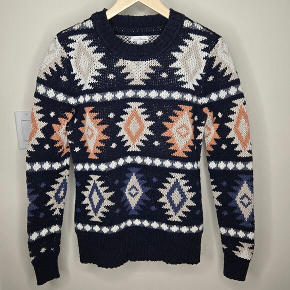 LL BEAN Signature Navy Aztec Patterned Sweater Cotton Preowned Men's Size M - Picture 1 of 8